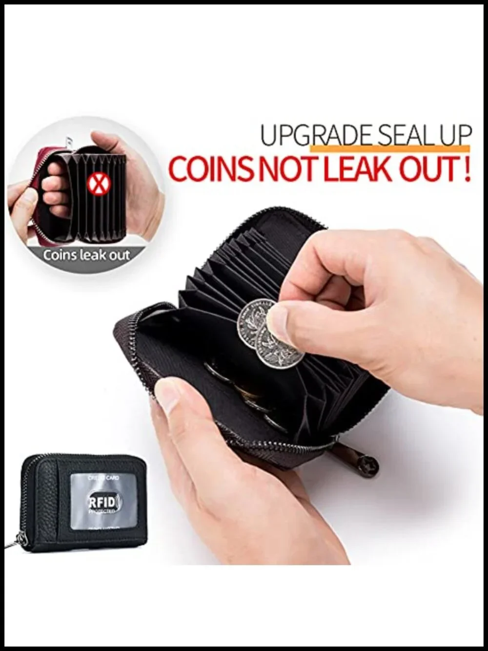 Genuine Leather Credit Card Wallet Accordion Zipper RFID Holder Coin Purse ID